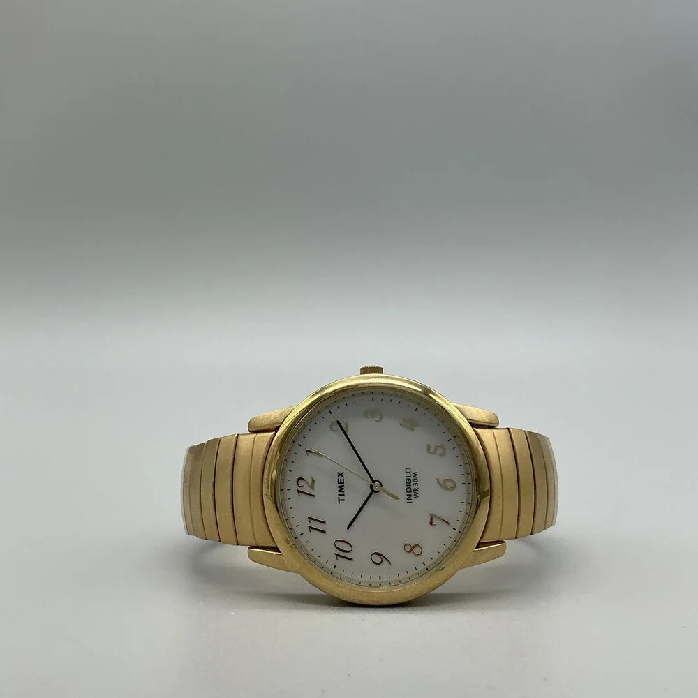 Timex Indiglo Mens Watch 35mm White Dial Gold Tone Stretch Bracelet New Battery